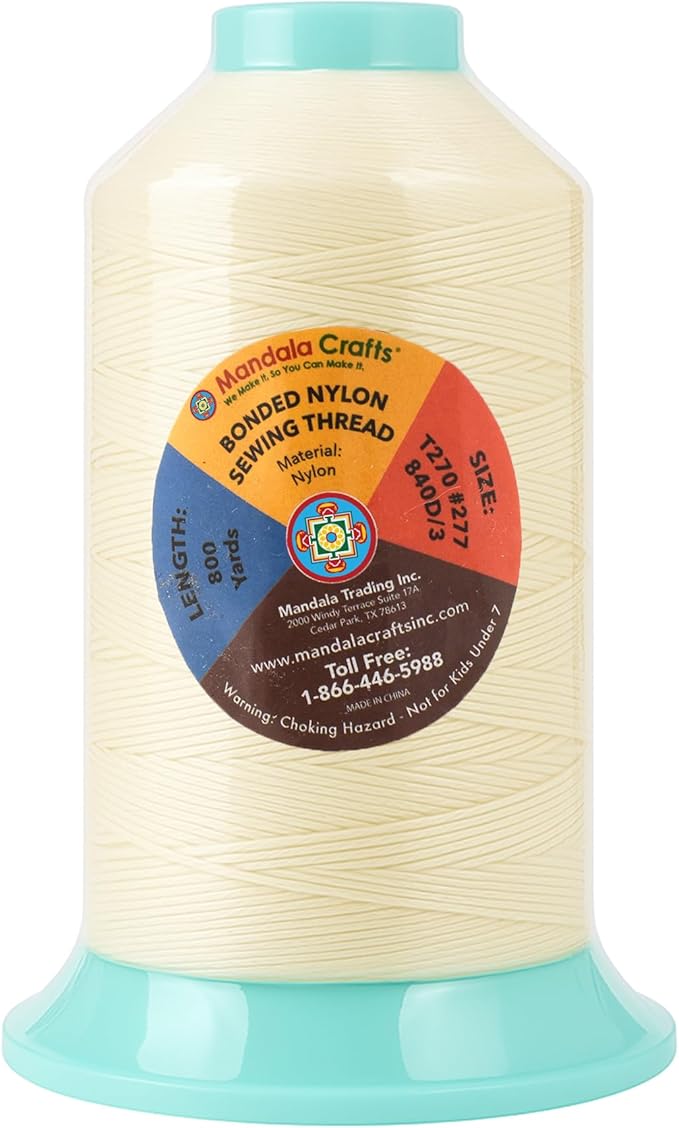 Mandala Crafts Size 277 840D T270 Bonded Nylon Thread - Ivory 800 YDs Tex 270 Heavy Duty Sewing Threads for Leather, Jeans, Weaving, Outdoor Marine Upholstery