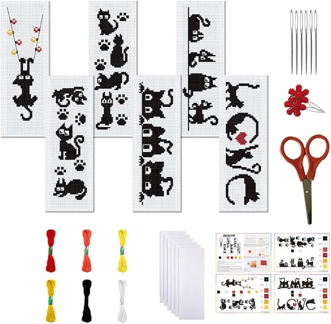 FREEBLOSS 6 Set Cross Stitch Bookmark Kit Stamped Cross Stitch Kit Black Cat Embroidery Set with Instruction for Adults 8''*2.4''