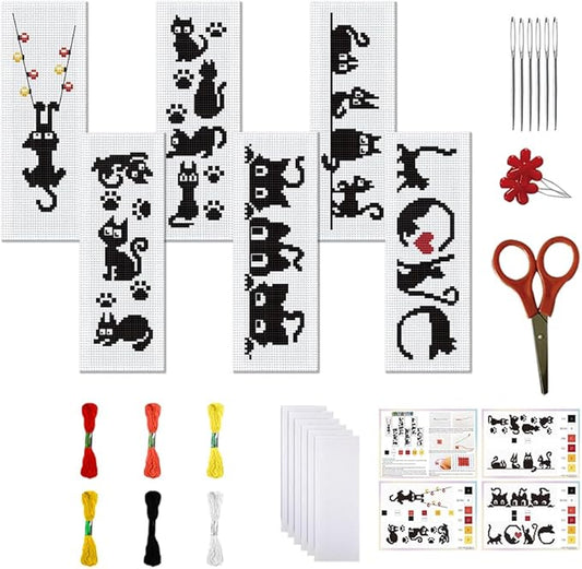 FREEBLOSS 6 Set Cross Stitch Bookmark Kit Stamped Cross Stitch Kit Black Cat Embroidery Set with Instruction for Adults 8''*2.4''