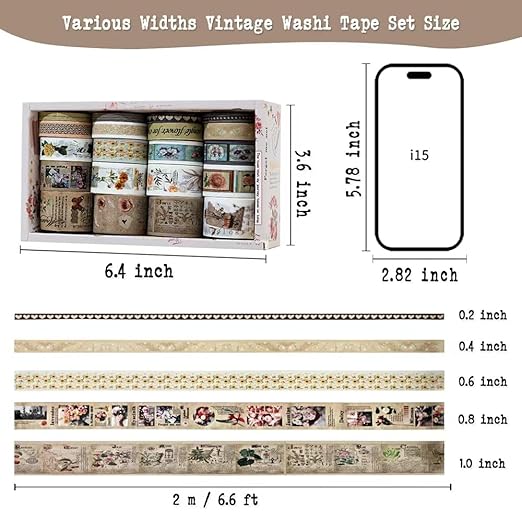 Washi Tape Set, 20 Rolls Time Imprint Theme, Washi Tape for Journaling, Decorative Tape for Scrapbooking, Junk Journal Supplies