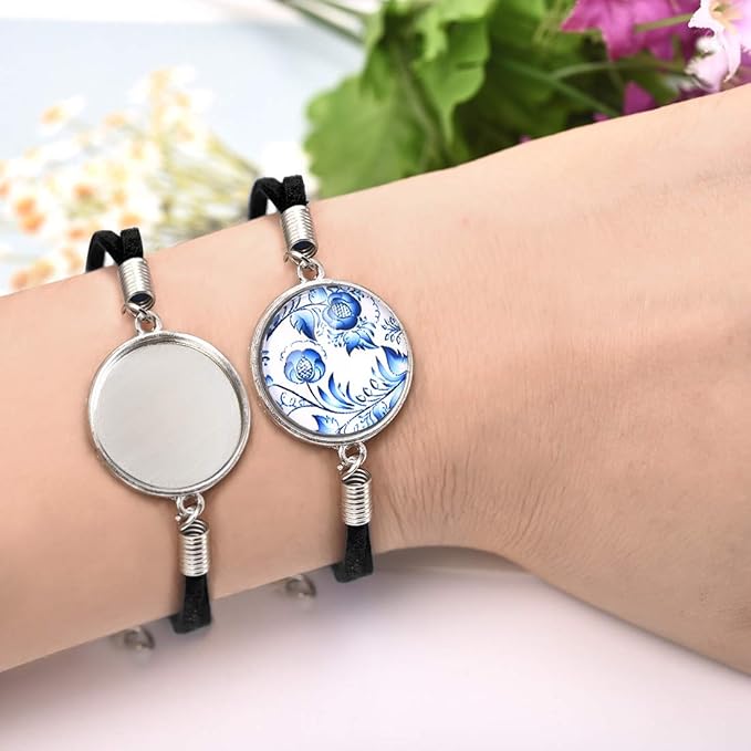 DROLE 40Pcs Black Leather Bracelet Blanks - 20mm Cabochon Bezel Tray Blank Bracelets with Black Bracelet Chain for Jewelry Making