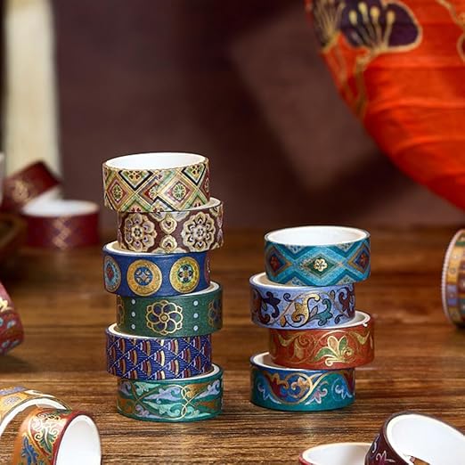 Washi Tape Set 10 Rolls, Chinoiserie Gold Foil Decorative Paper Sticker for Planner Scrapbook Journal DIY Arts Craft (Ancient Blue)