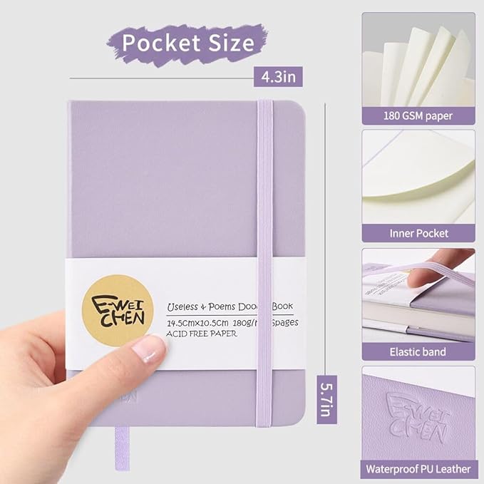 Small Blank Notebook, 96Pages, Hardcover Sketch Book for Drawing, 5.7x4.1 Pocket Journal Notebook for Travel, 180gsm Thick Paper Diary Notebooks for Work, Leather Cover Memo for Writing. Purple