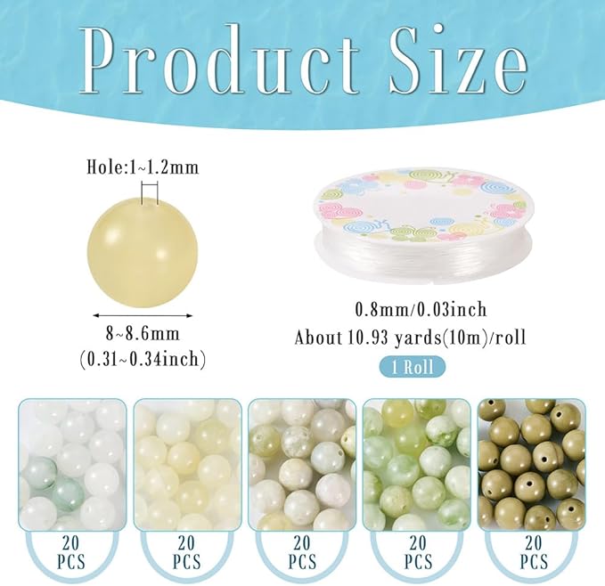 FASHEWELRY Stone Bracelet Making Kit 100pcs 8mm Mixed Gemtone Round Beads Green Crystal Loose Beads with Elastic String for DIY Necklace Earrings Jewelry Making