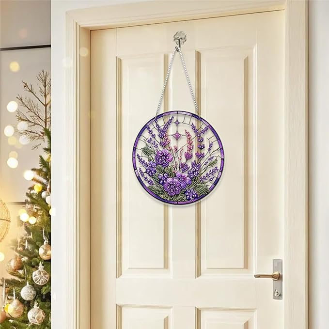JBTM24 9.8x9.8 inch Hanging Diamond Art Pendant Kits, Double Sided Diamond Painting Hanging Sign with Chain, Special Shaped Crystal Art Ornament (Lavender)