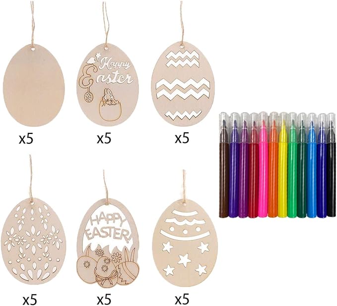 Anditoy 30 PCS Easter Wooden Hanging Ornaments Unfinished Wood Slices Eggs Easter Crafts for Kids DIY Decorations Party Supplies