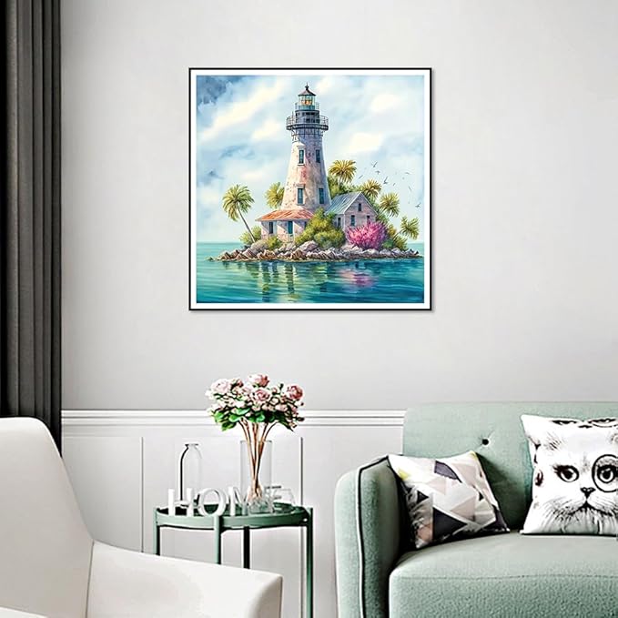 hill froeistung 5D Lighthouse Diamond Art Painting Kits for Adults,Sea,Landscape Diamond Art for Beginners, DIY Full Drill Island Diamond Art Painting(12X12 inch)