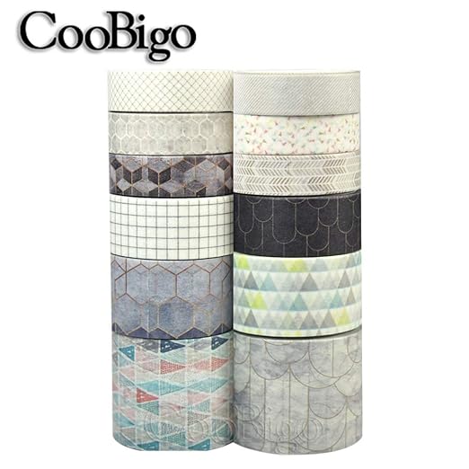 CooBigo Washi Tape Set, 12 Rolls 4 Size Decorative Masking Washi Tapes for Craft, Scrapbook, DIY, Planners, Gift Wrapping (Geometric Pattern)