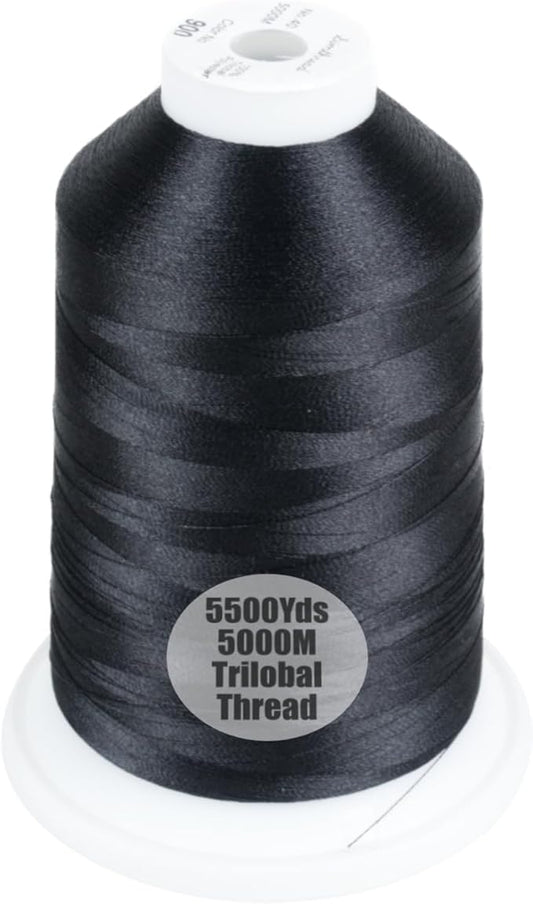 Simthread Trilobal Polyester Thread – 5000M (5500yds) No.40 – Super Sheen, Tangle-Free – Built-in Thread Lock Spool – Compatible with Brother, Singer, Janome & More, Black-900