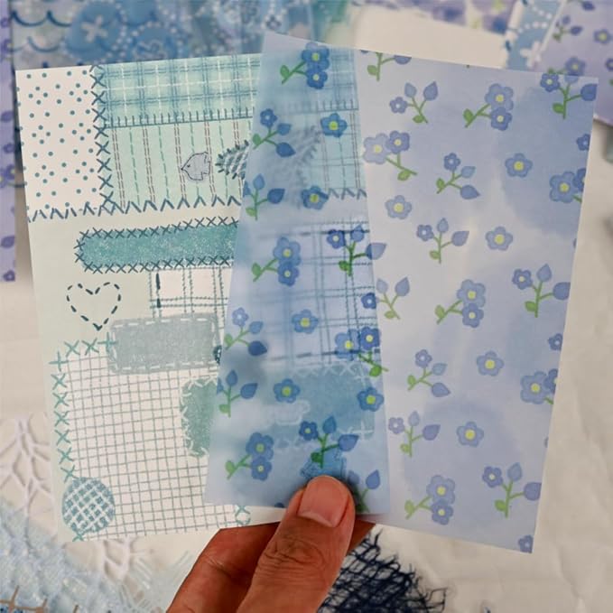 Diuhofart Floral Lace Textured Papers for Crafts, Blue Theme Scrapbook Paper Stickers, 47 Sheets Collage Materials Mesh for Junk Journaling Supplies Scrapbooking