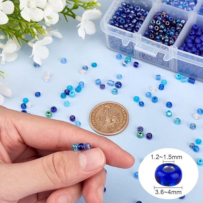 NBEADS 15 Colors 6/0 Glass Seed Beads, About 3000 Pcs 4mm Blue Round Pony Beads Mini Spacer Loose Beads for Jewelry Design Necklace Bracelet Earring Making