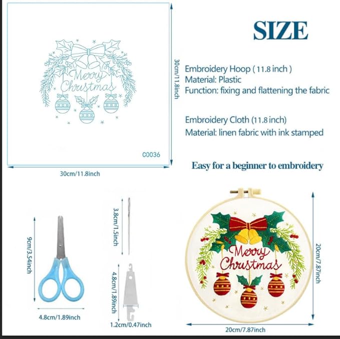 Zhenqing Christmas Bells Embroidery Kit - 29x29cm Printed Fabric, Hoop & Tools for Beginners(C0036)