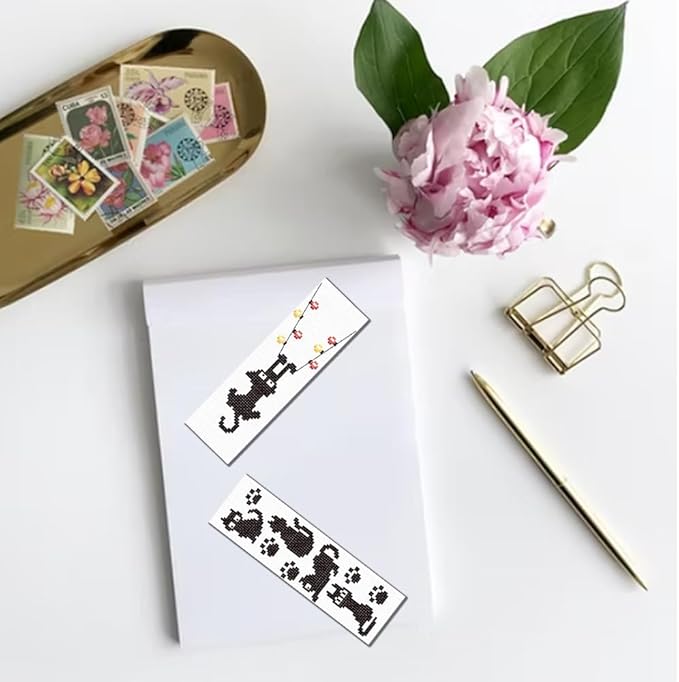 FREEBLOSS 6 Set Cross Stitch Bookmark Kit Stamped Cross Stitch Kit Black Cat Embroidery Set with Instruction for Adults 8''*2.4''