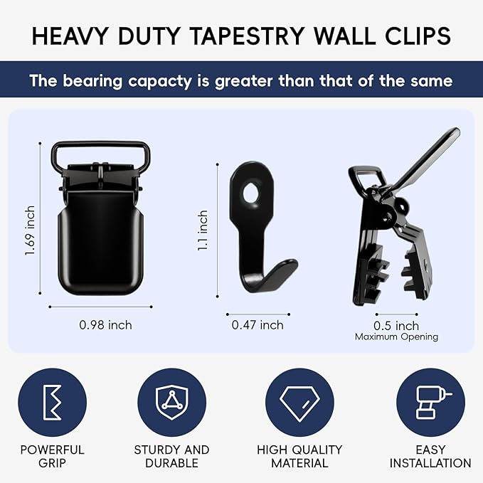 Tapestry Hangers Clamps, Heavy Duty & Non-Slip Quilt Hanger Great for Wall Hangings, Tapestry Large Rugs,Towel, Shawl and Paintings | Wall Clips for Hanging, Quilt Rack Clamps (Black,8)