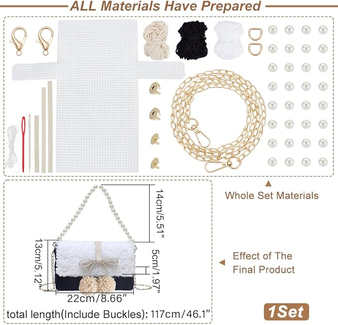 WADORN DIY Knitting Crochet Handbags Kit, Mesh Plastic Canvas Kit for Shoulder Bags DIY Knitting Crochet Crossbag Materials Handmade Purse Stitching Kit for DIY Crafting Embroidery Projects, Black