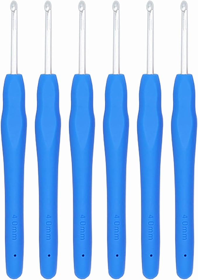 6Pcs 4mm Aluminum Soft Grip Rubber Ergonomic Handle Crochet Hook Knitting Needles US Size G (Size 6) for DIY Yarn Craft,Nice Gift for Women Adults Kids Children Beginners (Blue)