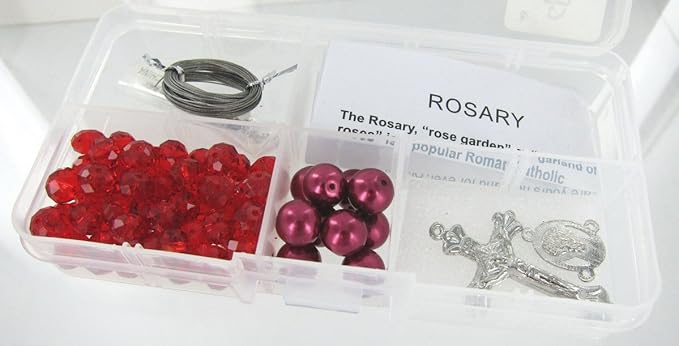 Linpeng Rosary Kit, Glass Beads Box, DIY Necklace Supplies, Catholic First Communion Gift for Kids, Dark Red, 1 kit