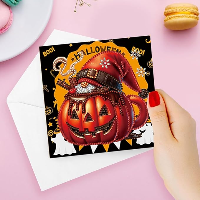 5D DIY Diamond Painting Greeting Card Kit, Diamond Art Halloween Pumpkin Gnome Holiday Greeting Card, Art Crafts Kit Creative Gift with Envelope (6pcs-Yellow)