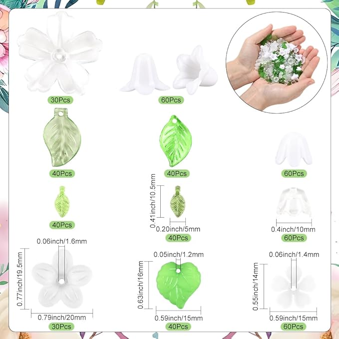 SUNNYCLUE 1 Box 500Pcs Flower Beads White Acrylic Floral Beads Kit Small Cute Green Leaf Spring Themed Lily Cherry Blossom Caps Loose Spacer for Jewelry Making Crafts Necklace Bracelets DIY Supplies