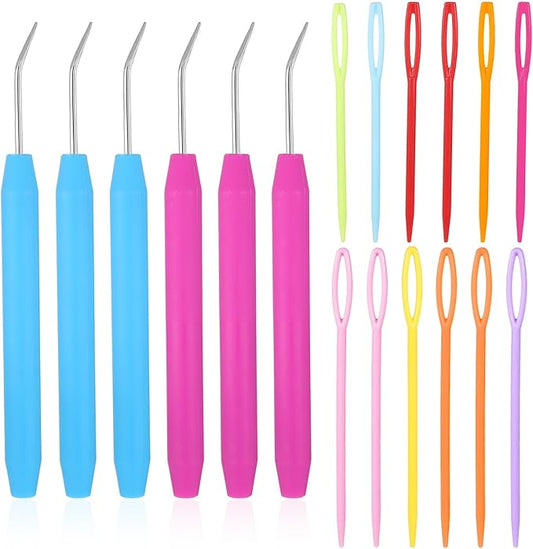 18 Pcs Loom Hook Crochet Loom 6 Pcs Pink and Blue Looms Knitting Hook with 12Pcs Colorful Plastic Sewing Needles Plastic Crochet Hooks for DIY Handicrafts Knittings Looms Boards Beginners
