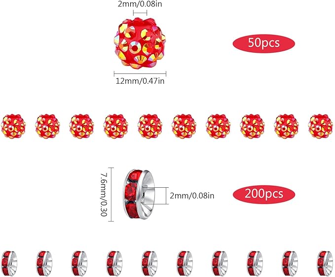 LAIDANLA 250pcs 12mm Red Rhinestone Beads and 8mm Rondelle Spacer Beads for Beadable Pens, Sparkly Shamballa Disco Baseball Bead for Jewelry Making Bracelets Necklace Earring DIY Craft