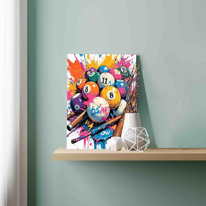 Aihonmin Colorful Pool Table DIY Paint by Numbers for Adults Modern Billiards Paint by Number Kit on Canvas for Beginners DIY Acrylic Paintwork for Home Wall Decoration Gifts 16"x20"(Frameless)