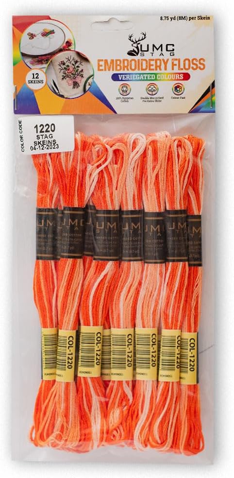 Pack of 12 Premium Embroidery Thread | 100% Egyptian Cotton Premium Skeins | Cross Stitch Embroidery Floss | Oeko TEX Certified | Ideal for Arts & Crafts (Orange Variegated 1220)