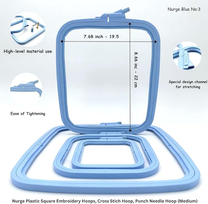 nurge square embroidery hoop - plastic cross stitch frame for needlepoint & embroidery - adjustable craft hoop - blue - no:3 (medium)