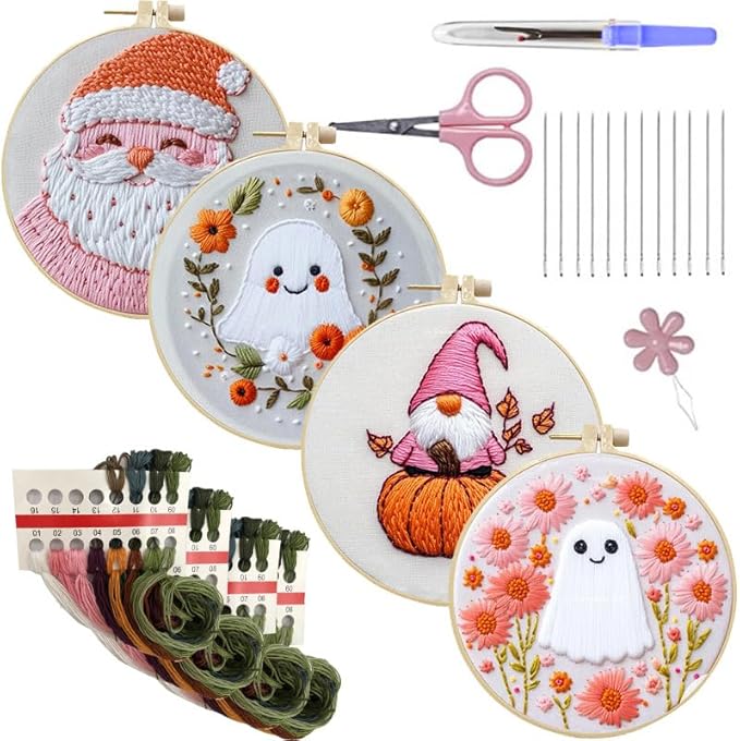 LB Christmas Thanksgiving Embroidery Kit for Adults & Beginners - 4 Piece Halloween DIY Cross Stitch Starter Kit with Ghost, Pumpkin, Floral Designs (Pink/Orange), Hoop, Threads, Needles