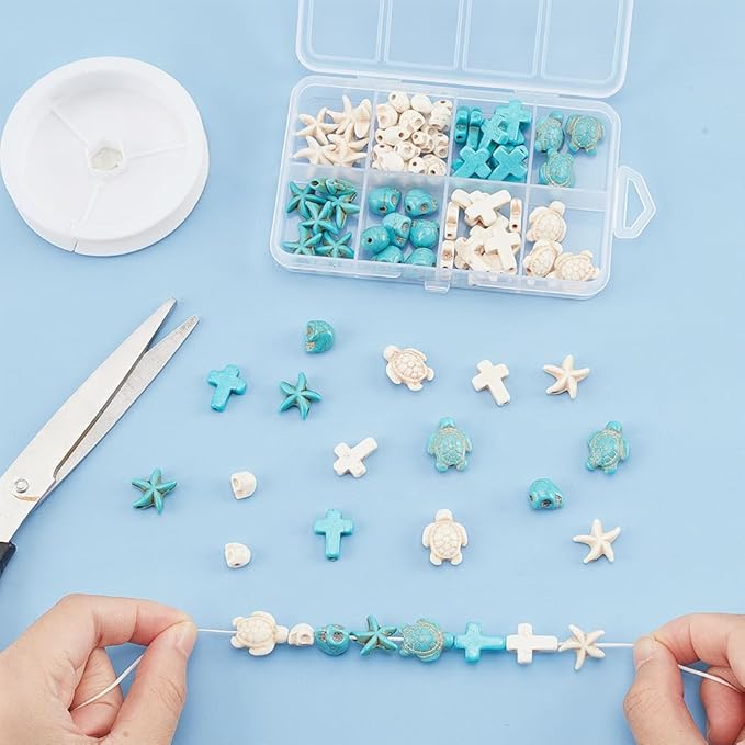 arricraft 90 Pcs Assorted Synthetic Turquoise Beads, 8 Styles Ocean Animal Spacer Beads Loose Skull Beads Starfish Beads Sea Turtle Beads Cross Beads for Bracelets Earrings DIY Jewelry Making