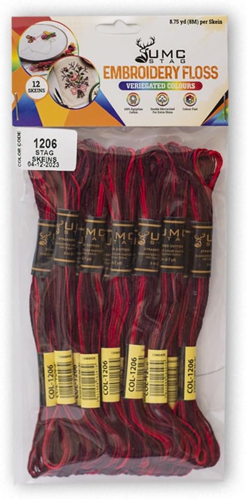 Pack of 12 Premium Embroidery Thread | 100% Egyptian Cotton Premium Skeins | Cross Stitch Embroidery Floss | Oeko TEX Certified | Ideal for Arts & Crafts (Dark Red Variegated 1206)