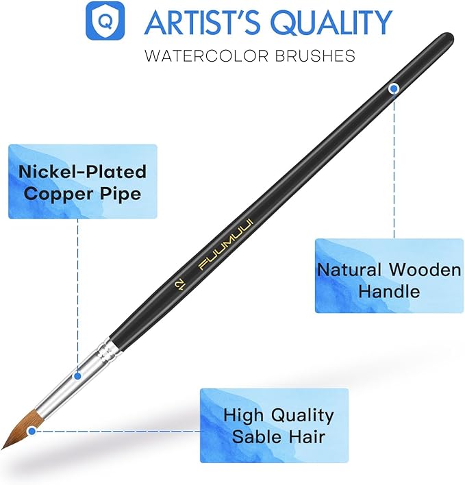 Sable Watercolor Brushes, Fuumuui 9pcs Detail to Mop Sable Brushes Round Pointed Professional Water Color Brushes Perfect for Watercolor Gouache Acrylic Ink Painting