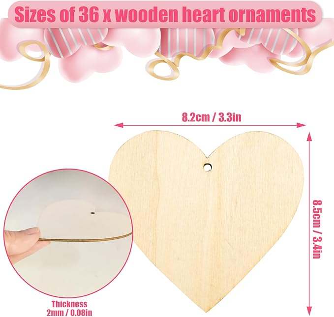 KITRDOOR Wooden Hearts for Crafts, 36pcs Valentine's Day Heart Ornaments Hanging Decorations, Unfinished Wood Heart Painting Craft Kit, DIY Valentines Crafts for Adults Classroom Gift (Pink)