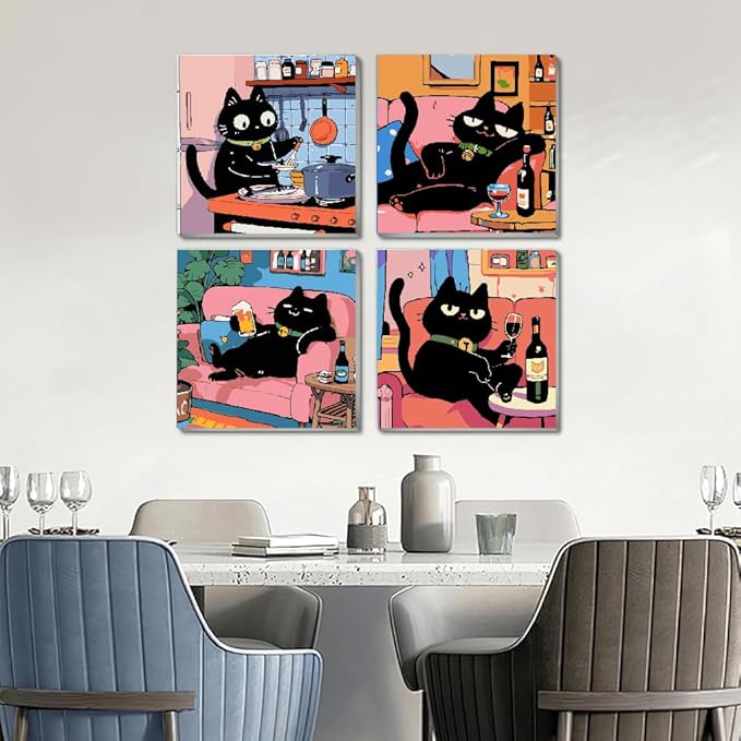 4Pack Funny Black Cat Kitchen Paint by Numbers Kit for Kids, Vintage Animals Easy Framed Adults Paint by Numbers Kits, DIY Cute Cat Acrylic Oil Painting Number Kits for Home Wall Decor (8 x 8 Inch)