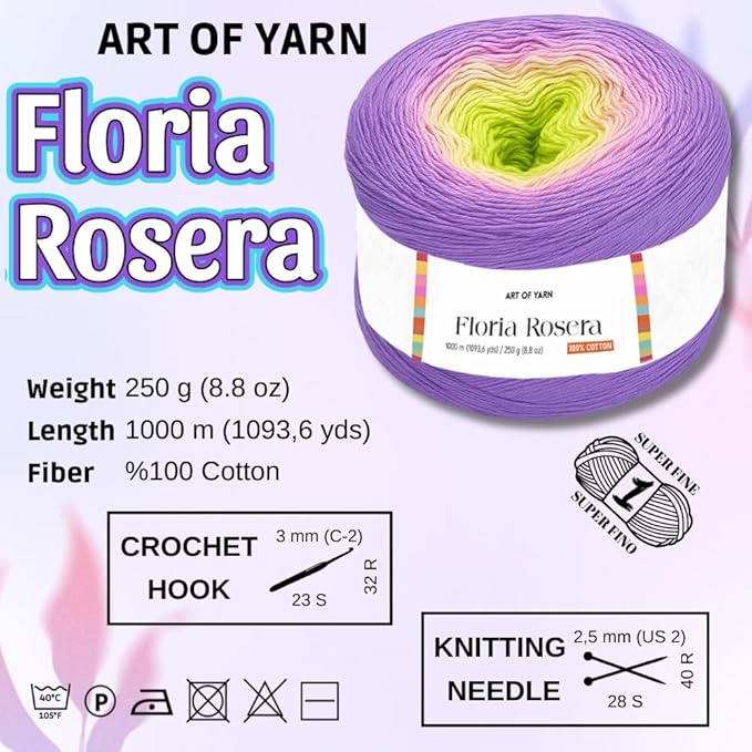 Floria Rosera Ombre 100% Cotton 250g (8.80oz) 1094 Yards Fine 1 Vibrant Multicolor Rainbow for Crochet Knitting Amigurumi Crafts Ideal for Spring Summer Projects Thick Soft