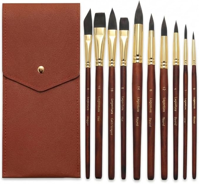 Professional Watercolor Paint Brush Set - 10 Pcs Synthetic Squirrel Art Brushes with Leather Case for Travel, Round, Liner, Flat, Dagger & Cat’s Tongue for Gouache, Ink & Acrylic