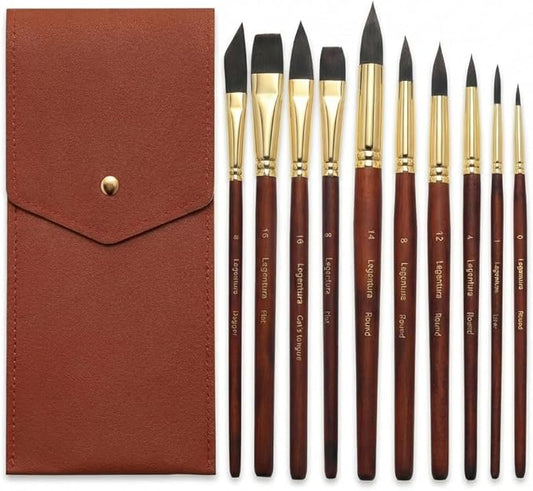 Professional Watercolor Paint Brush Set - 10 Pcs Synthetic Squirrel Art Brushes with Leather Case for Travel, Round, Liner, Flat, Dagger & Cat’s Tongue for Gouache, Ink & Acrylic
