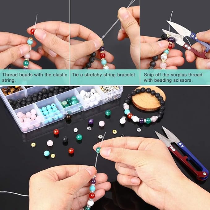 400Pcs Lava Beads Natural Stone Healing Bead Kit, 8mm Black Chakra Beads Spacers Round Crystal Bead for Bracelets Necklace Jewelry DIY Making Kit Supplies