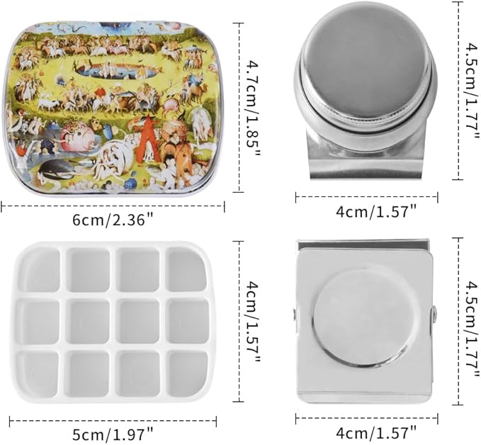 Portable Mini Tin Box 12-Well Empty Watercolor Palette Paint Mixing Tray is a Small Storage Travel Kit with Magnetic Clip and Oil Pot,Making it Outdoor Sketching and DIY Painting.Earthly Paradise