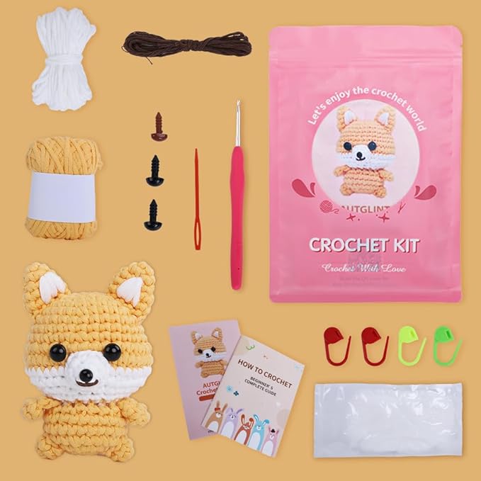Autglint Fox Crochet Kit for Beginners, Amigurumi Animal DIY Knitting Kit with Step-by-Step Video Guides, Learn to Crochet Kit for Adults & Kids with Pre-Started Yarn - Orange Fox