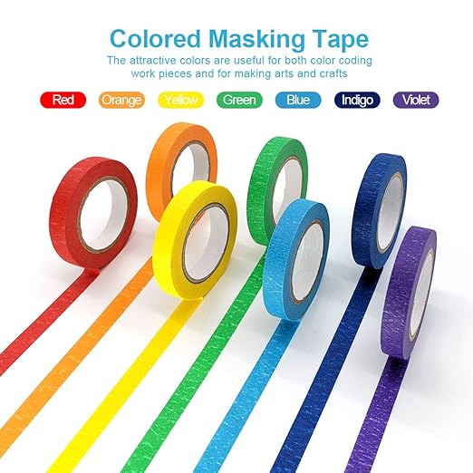 Colored Masking Tapes, 7PCS Arts Rainbow Labelling Masking Tape Fun Supplies Kit for Kids and Adults, Painters Tapes for Crafts, School Projects, Party Decorations and More (0.4 Inch, 12 yd)