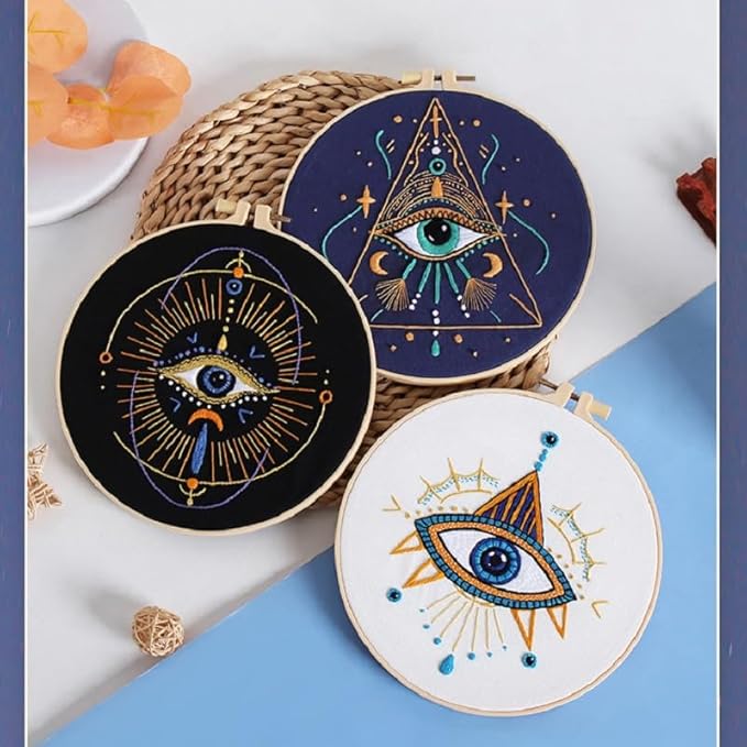 konrisa 3 pcs embroidery kits with tarot cards and eyes pattern, stamped embroidery starter kit for beginners adults needlepoint kits diy sewing cross stitch practice kit home decoration