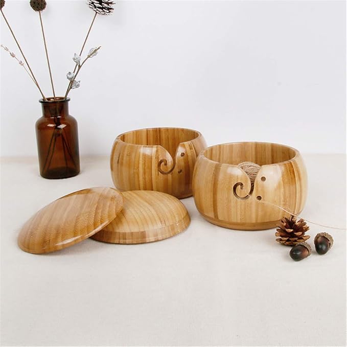 Bamboo Yarn Bowl with Removable Lid, Handmade Yarn Holder for Knitting and Crochet, Carbonized Brown Bowl Box, Smooth Surface, Easy to Carry Knitting Bowls, Crochet Holder, 5.9 *3.5 inch #6