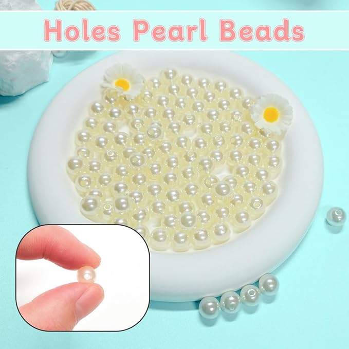 Pearl Beads for Jewelry Making Holes ABS Craft Beads with Holes for Jewelry Making, Bracelet, Necklace Crafting Bulk Bead Kit (8mm,Ivory White/750 pcs)