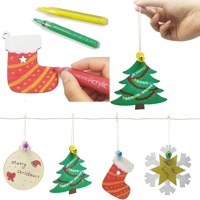 Hidreas 40PCS Christmas Crafts Unfinished Wooden Christmas Ornaments Kit, DIY Ornaments Crafts with Colorful Bells and Wax Rope for Holiday Decoration and DIY Craft Making