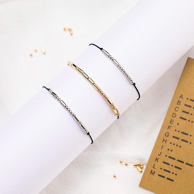 DIY Morse Code Bracelet Making Set, 800 Round Spacer Beads, 800 Long Tube Beads, 20 Morse Code Decoding Card and 2 Rolls 66 ft Waxed Polyester Twine Cord (Silver and Gold, Black Rope)