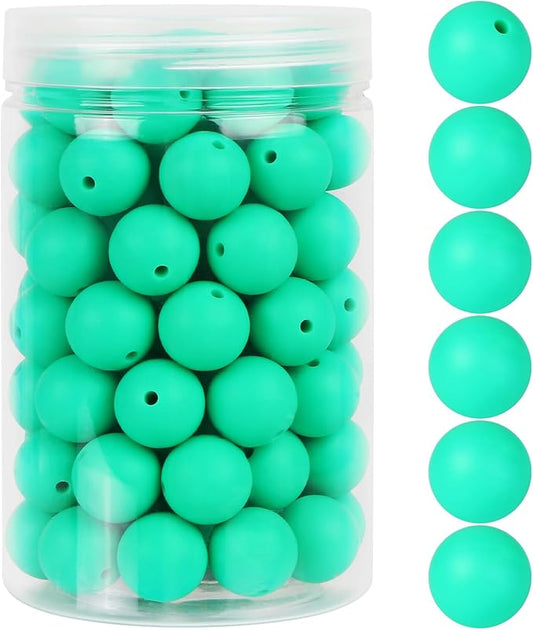 110 Pcs Silicone Focal Beads, EVERMARKET 15mm Silicone Beads for Keychain Making, Round Silicone Beads Bulk with Bottle, Rubber Loose Beads for Pens Crafts Necklace Bracelet Lanyard (Emerald Green)