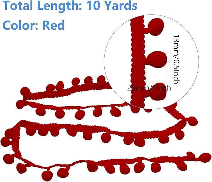 Homiest 10 Yards Pom Pom Trim for Sewing, 1 Inch Wide Red Ribbon Bundles Textured Fabric Fringe Ribbon, 13mm Ball Pompom Trim for DIY Crafts Curtain Clothes Pillow Home Decoration