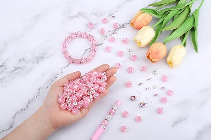 LAIDANLA 250pcs 12mm Pink Rhinestone Beads and 8mm Rondelle Spacer Beads for Beaded Pens, Sparkly Shamballa Disco Ball Bead for Bracelets Making Necklaces Earring DIY Craft