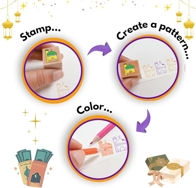 Ramadan & Eid Crafts Set with Stamps DIY Card-Making Kit for Kids 40 Pieces 11 Wooden Stamps, 12 Cards & Envelopes, 5 Pencils, Dual-Color Ink Pad, Ramadan Stickers-Islamic Gifts, Ramadan Decor